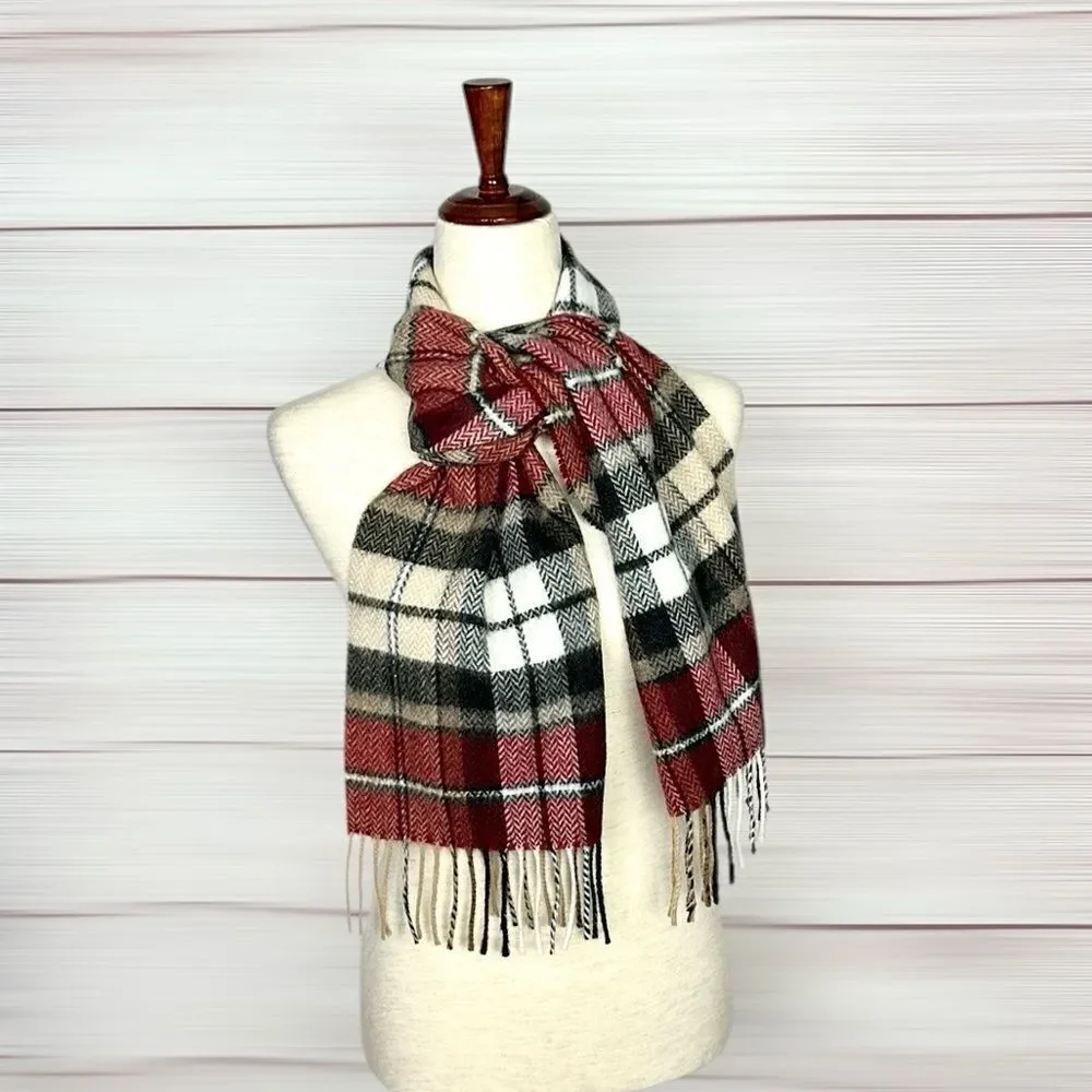 Geoffrey Beene Plaid Wool Scarf Red Gray Beige Made in Italy Vintage Unisex